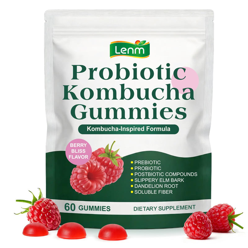 Probiotic Kombucha Gummy with Prebiotics, Probiotics & Postbiotics | Digestive Health & Gut Support Supplement | for Men & Women | Berry Bliss Flavor- 60 Gummies