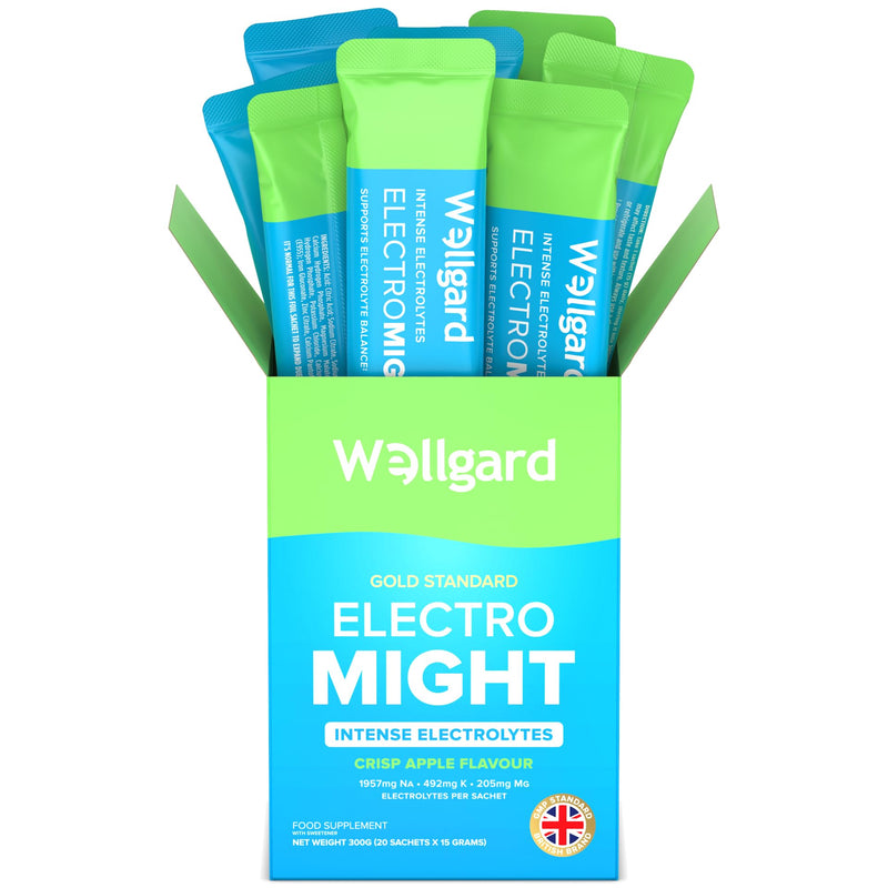Wellgard Electromight Intense Electrolyte Powder Sachets, High Strength Electrolytes Sugar Free + Iron for Energy, 1,957mg Sodium, Magnesium, Potassium, Apple Flavour Rehydration Drink Mix, 20 Sachets