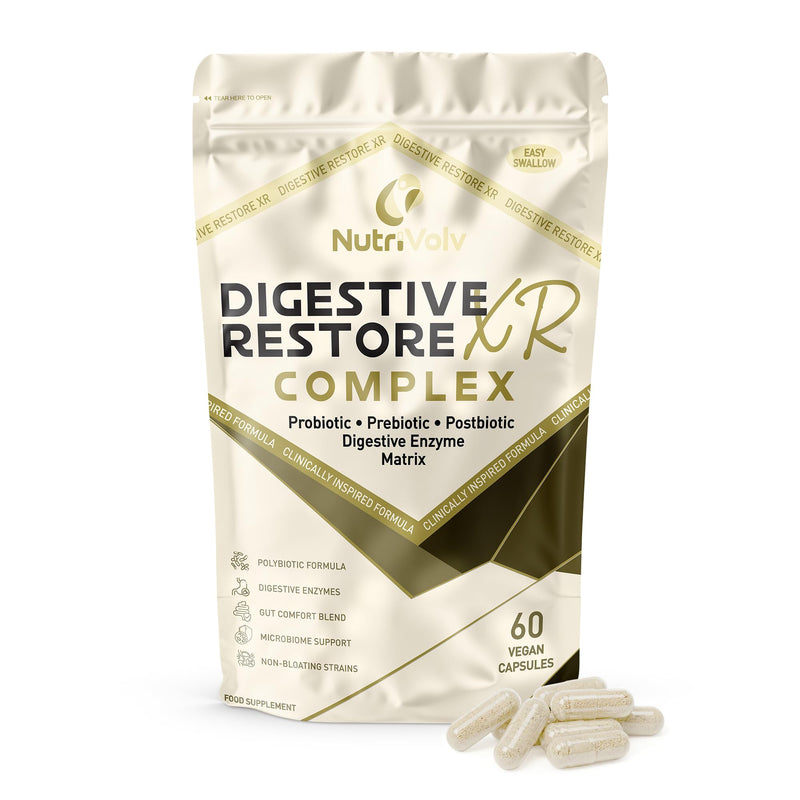 Digestive Restore XR Complex | 60 Vegan Capsules | Polybiotic Formula | Probiotic, Prebiotic, Postbiotic & Enzyme Blend | Gut Comfort, Microbiome Balance & Digestion | Non-Bloating | by NutriVolv