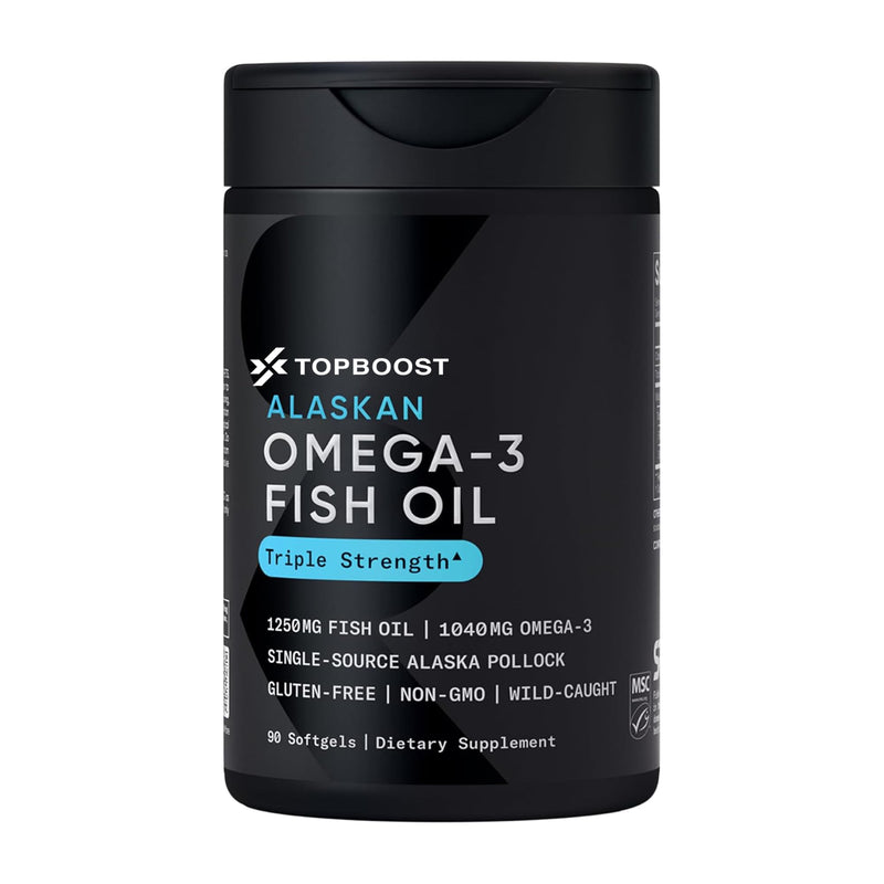TopBoost Omega-3 Fish Oil 1250 - Triple Strength Fish Oil Supplement from Wild Alaska Pollock - Sustainable · Non-GMO · Soy Free - 90 Softgel Capsules