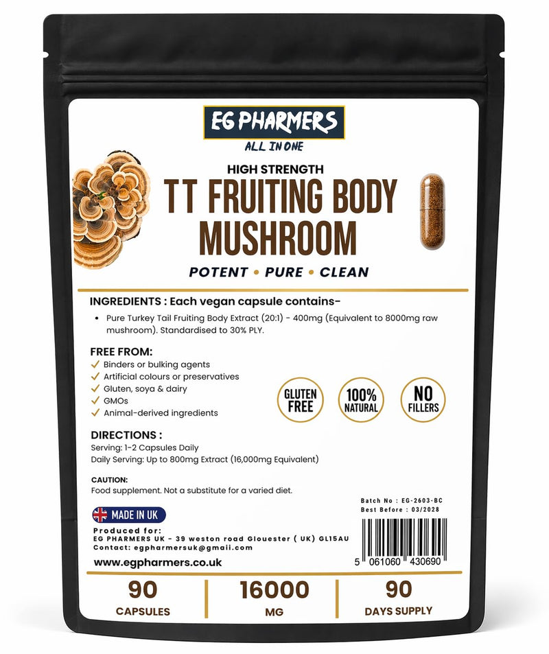 High Strength Turkkey Tails Fruiting Body Extract 8000mg | 20:1 Mushroom Extract | 30% PLY | 90 Vegan Capsules | 45 Day Supply | UK Packed | No Fillers or Bulking Agents | Vegan and Gluten Free