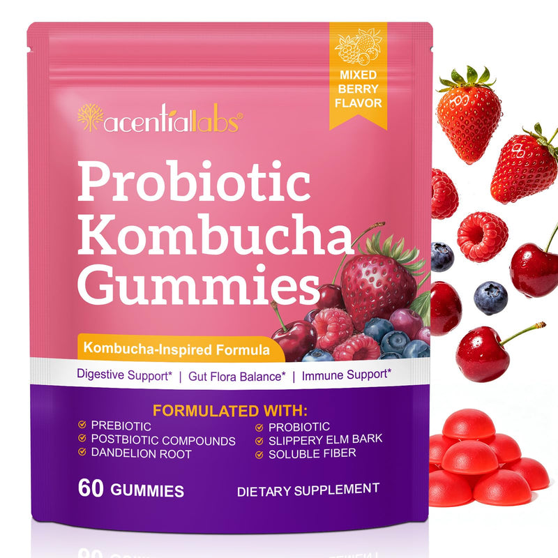 Probiotic Kombucha Gummies with Prebiotic, Probiotic & Postbiotic | Bacillus Coagulans MTCC 5856 | Digestive & Gut Flora Support | Slippery Elm & Dandelion Root | Mixed Berry | 60 Vegan Gummies