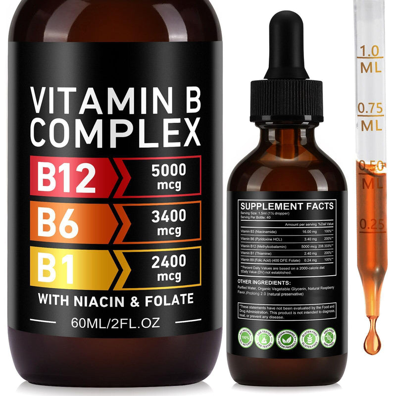 Vitamin B Complex Liquid Drops, 60ml | with Vitamin B12, B6, B1 and Folate, for Metabolic Health Support, Immune Support, Energy Levels, Brain Heart Function, for Men & Women