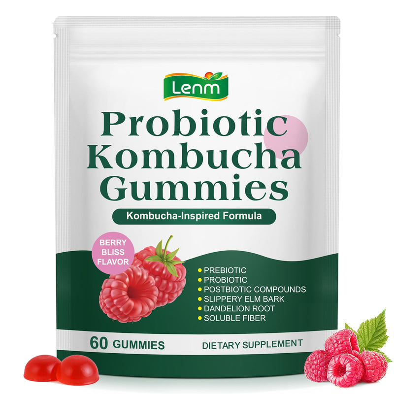 Probiotic Kombucha Gummy with Prebiotics & Postbiotics, 1.6 Billion CFU 丨Elm Bark and Dandelion Root Extracts for Gut Health & Digestive Balance, 60 Gummies Berry Flavor Chewable for Women & Men