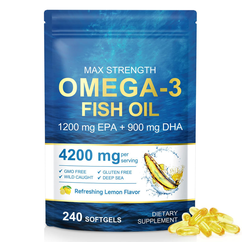 Omega 3 Fish Oil Supplements, 4200mg Fish Oil with EPA & DHA, Enteric Coated Softgels, Lemon Flavor, Daily Omega-3 Fatty Acids Supplement for Nutritional Support & Overall Wellness – 240 Softgels