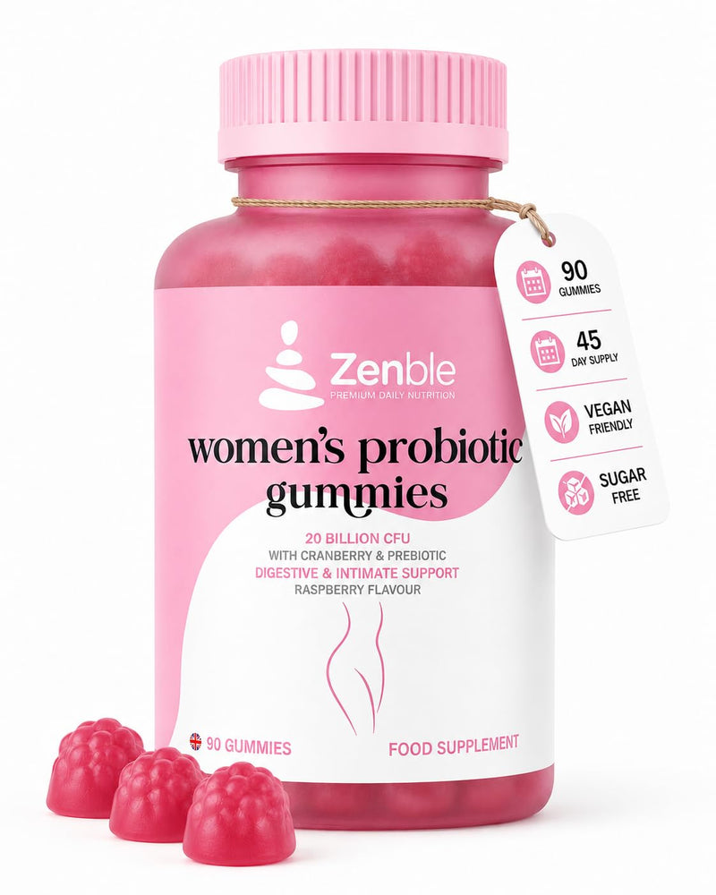 Probiotics for Women Gummies – 20 Billion CFU Probiotic Blend with Cranberry & Prebiotic Inulin – Digestive & Intimate Flora Support – 90 Sugar Free Vegan Gummies – Raspberry Flavour