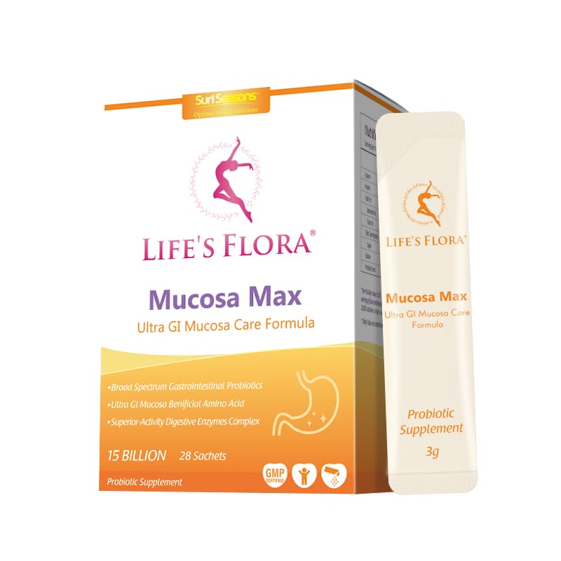 Life's Flora Mucosa Max Probiotic Supplement 15 Billion CFU 25 Strains with L-Glutamine Postbiotics Digestive Enzymes for Gastric & Gut Health Support 28 Sachets