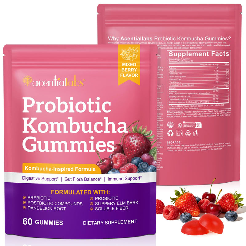 Probiotic Kombucha Gummies 60 Count with Prebiotics, Probiotics, and B Vitamins, Natural Mixed Berry Flavor, Probiotics for Women & Men