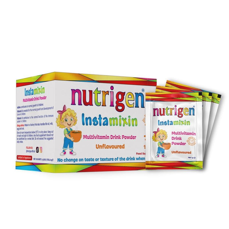 Nutrigen Instamixin unflavoured multivitamin Drink Powder for Children to add Vitamins Instantly to Any Drink. 12 Vitamins + 6 Minerals in a Sachet Making Daily Vitamin Intake Easy, 30 sachets