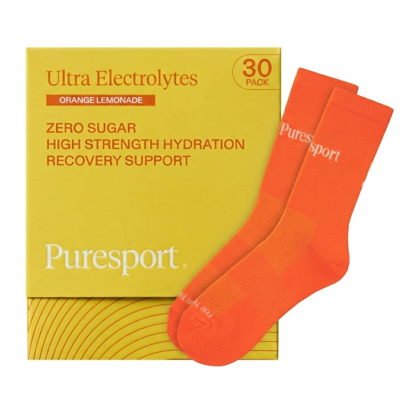 Puresport Ultra Electrolytes Sachets (Orange Lemonade, 30 Pack), High Performance Sugar-Free Electrolytes Powder, with Performance Running Socks (S/M)