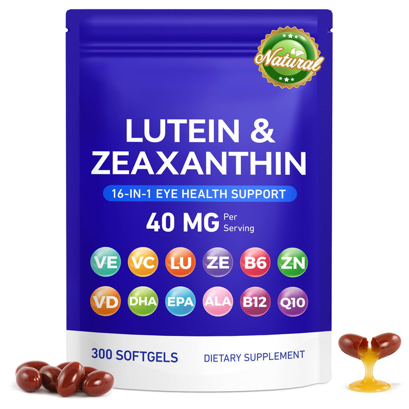 Lutein and Zeaxanthin Supplement, 16 in 1 Eye Vitamins 300 Softgels with 40mg Lutein & 8mg Zeaxanthin, Enriched with Vitamins B6 B12 C D3, Zinc & Omega-3s for Eye Health Support Non-GMO Gluten-Free
