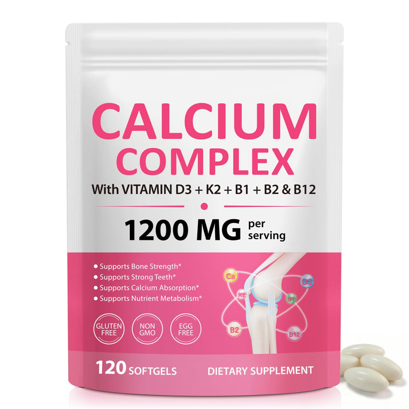 Calcium and Vitamin D Tablets, Calcium Tablets Supplement with Essential Daily Vitamin D3,K2,B1,B2 & B12 - Supports Bones, Teeth & Muscle Function, 120p