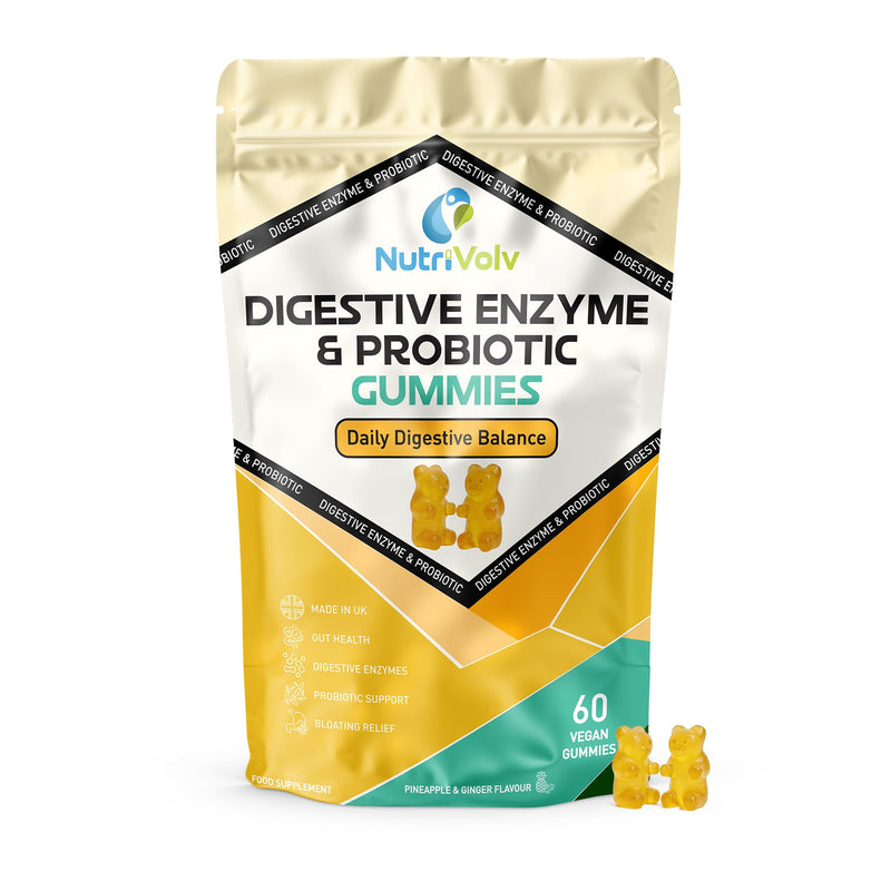 Digestive Enzyme & Probiotic Gummies | 60 Vegan Gummies | Inulin, Bacillus Coagulans, Papain, Bromelain & Ginger | Digestion & Bloating Comfort | Pineapple & Ginger Flavour | UK Made | by NutriVolv