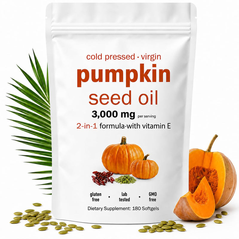 Pumpkin Seed Oil Capsules 3000mg per Serving | Cold Pressed Pumpkin Seed Oil with Linoleic & Oleic Acid, 180 Softgels | Non-GMO | Resealable Pouch