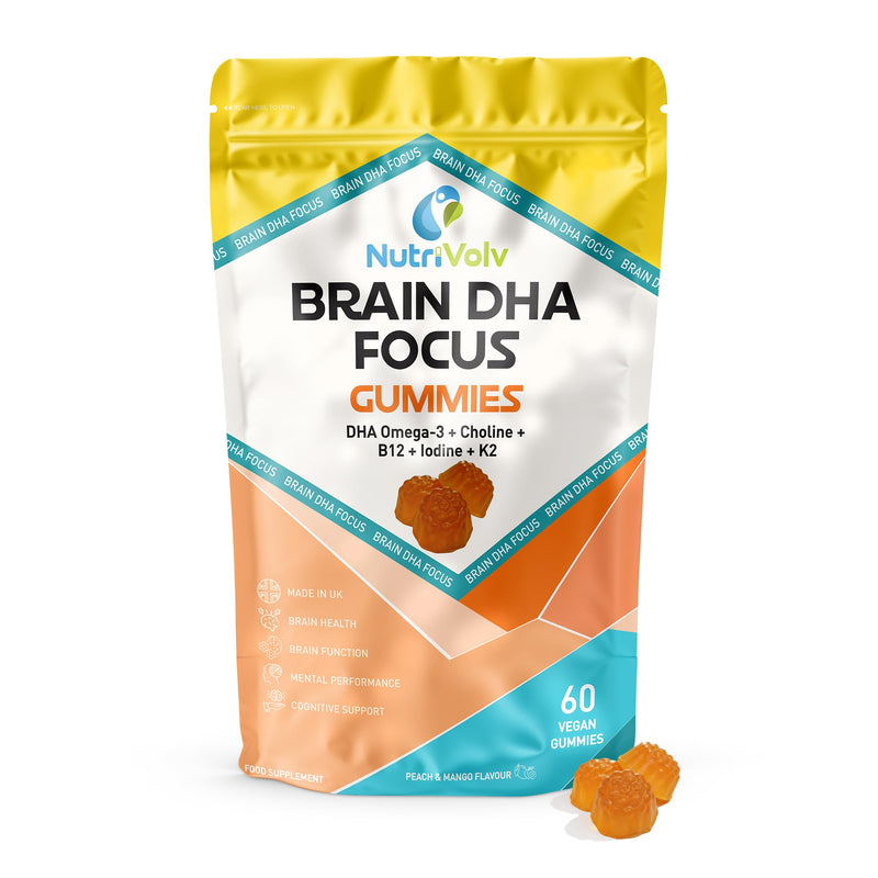 Brain DHA Focus Gummies | 60 Vegan Gummies | Omega 3 DHA from Algae Oil, Choline, B12, Iodine & K2 MK-7 | Peach & Mango Flavour | Brain & Cognitive Support | 30 Days Supply | UK Made | by NutriVolv