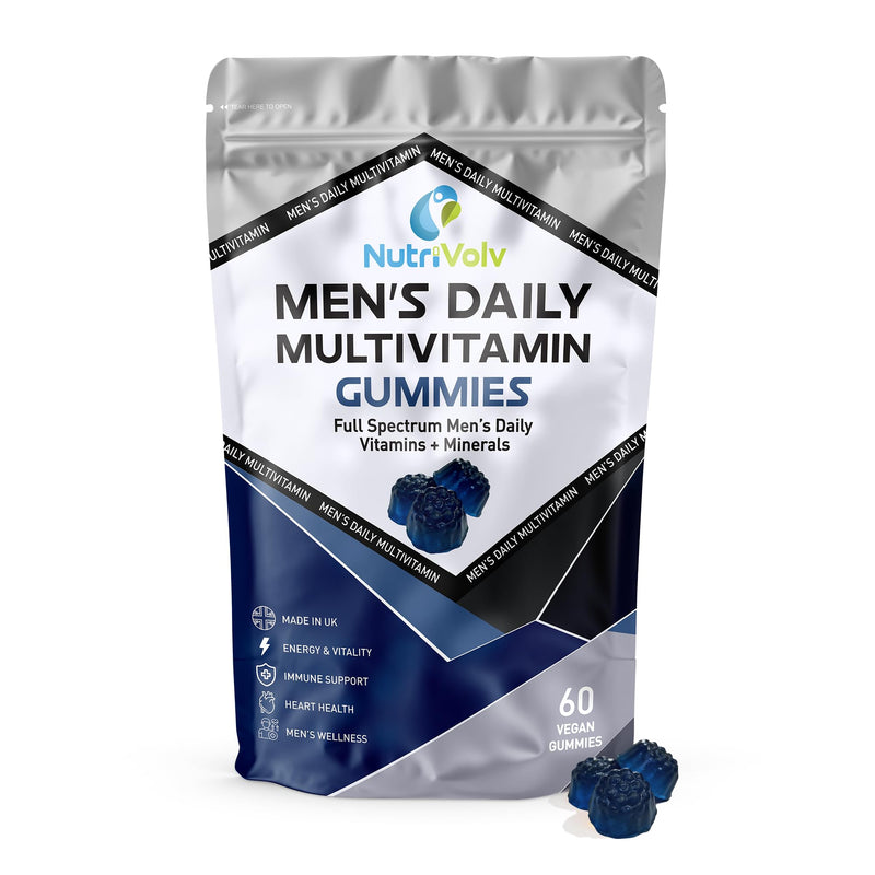 Men's Multivitamin Gummies | 60 Vegan Gummies | Vitamins A C D3 E B6 B12, Zinc, Selenium & Lycopene | Energy, Immune & Men's Wellness | Sugar Free | Blue Raspberry Flavour | UK Made | by NutriVolv