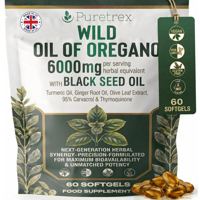 PURETREX Wild Oregano Oil 60 Softgels – Made in UK 6000mg with 95% Carvacrol, Black Seed Oil, Turmeric & Ginger, High Potency Herbal Formula for Immune, Gut & Respiratory Support