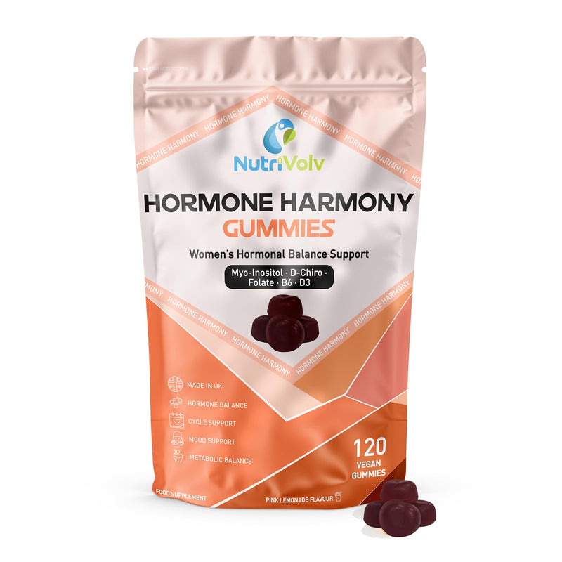 Hormone Harmony Gummies | 120 Vegan Gummies | Myo & D-Chiro Inositol 2100mg, D3, 5-MTHF Folate, P-5-P B6 & Chromium | Mood, Cycle & Hormonal Support for Women | Pink Lemonade | UK Made | by NutriVolv