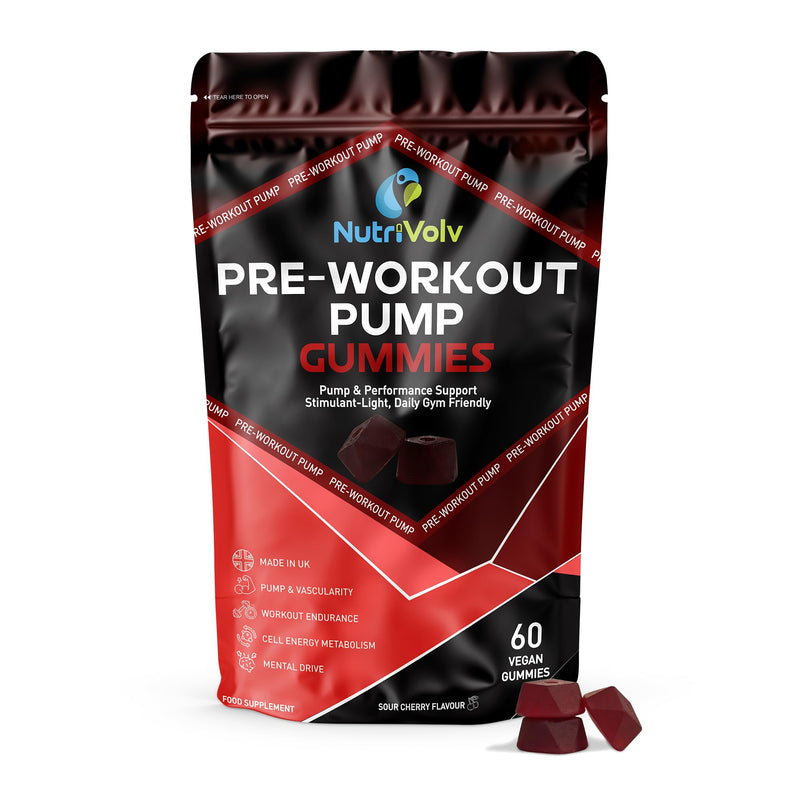 Pre-Workout Pump Gummies | 60 Vegan Gummies | L-Citrulline, Alanine, Beetroot, Ginseng & B12 | No Added Caffeine Pump & Energy Support, Fast-Acting | Sour Cherry | 30 Servings | UK Made | by NutriVolv
