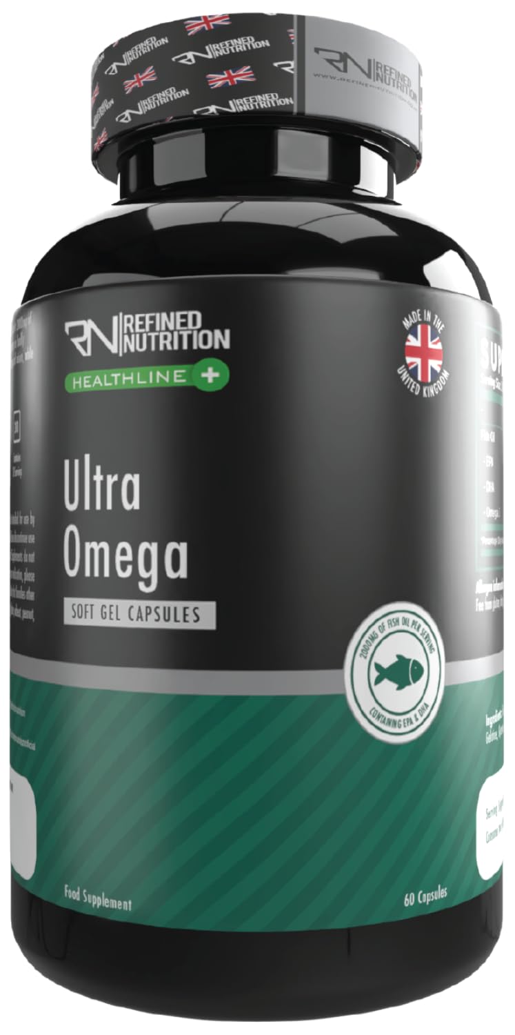 Refined Nutrition Ultra Omega 3 Fish Oil 2000mg | Halal Certified Bovine Gelatine Softgels | 700mg Active EPA & DHA | Supports Heart, Brain & Joints | 60 Easy Swallow Capsules (30 Day Supply) UK Made