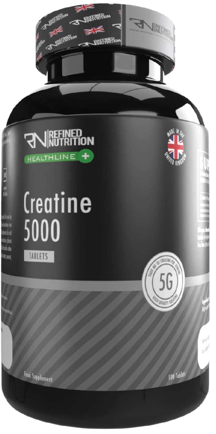 Refined Nutrition Creatine Monohydrate Tablets 5000mg – High Strength Pure Creatine 5g Serving – 100 Tablets for Muscle Growth, Power & Performance – UK Made, Vegan & Halal Certified – 20 Servings