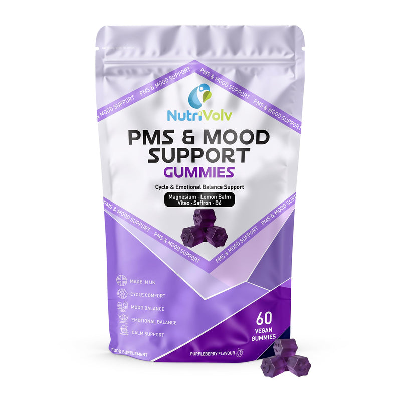 PMS & Mood Support Gummies | 60 Vegan Gummies | Magnesium Citrate, Lemon Balm, Vitex, Saffron & P-5-P B6 | Cycle, Mood & Hormone Balance Support | Purpleberry Flavour | UK Made | by NutriVolv