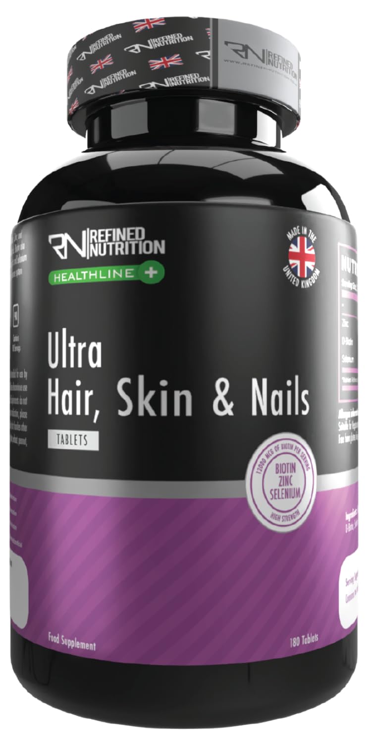 Refined Nutrition Ultra Biotin Tablets 12,000mcg – High Strength Hair Skin and Nails Supplement with Zinc & Selenium – 180 Vegan Tablets (90 Day Supply) – Made in the UK – Halal Certified
