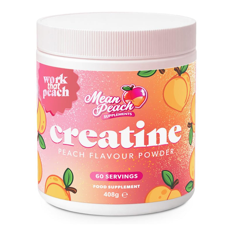 Mean Peach, Peach Flavour Creatine Monohydrate Powder - for Women! 408g tub, containing 60 Servings with 5g Creatine per Scoop. Vegan.