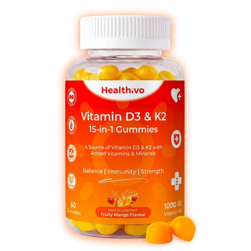 Vitamin D3 K2 Gummies 1000IU, 60 Vegan Gummies, Sugar Free | Vitamin D Gummies Adults, High Strength Vitamin D and K2, Mango Flavour, 13 Added Vitamins and Minerals, 1 Month Supply