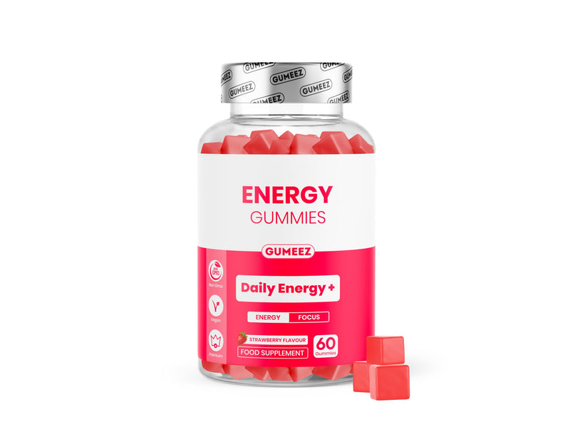 Energy Gummies, Daily Energy and Focus with Caffeine and L- Theanine, Strawberry Flavour, Vegan, 60 Gummies