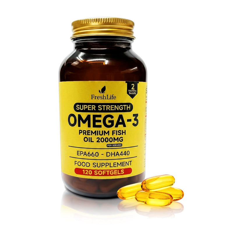 FreshLife Omega-3 Fish Oil – Ultra Pure Super Strength 2000mg – 120 Softgels –Powerful EPA 660mg & DHA 440mg – Everyday Heart, Brain & Vision Care – Premium Food Supplement in Elegant Glass Bottle