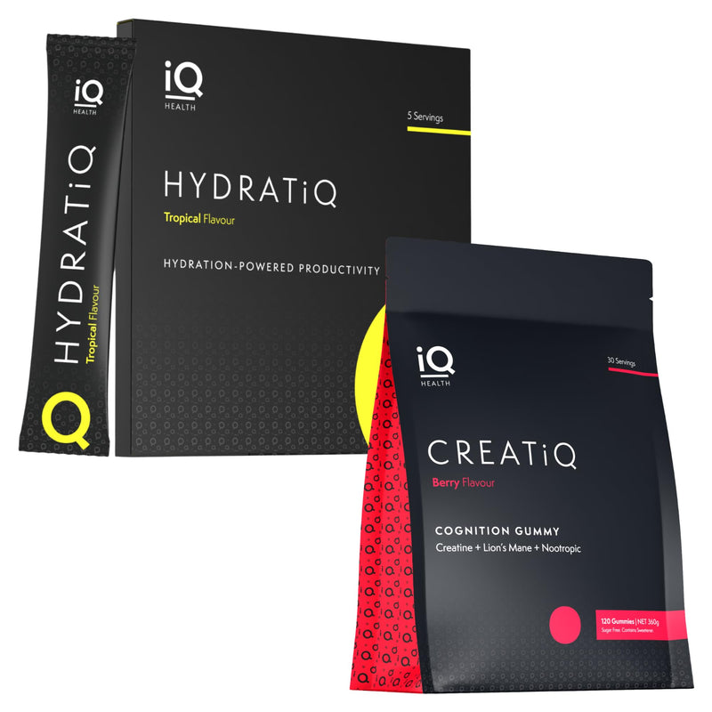 Creatine Gummies & Nootropic Productivity Drink Bundle - 120 Sugar-Free Vegan Gummies & 5 Tropical Drink Sachets - CREATiQ & HYDRATiQ by iQ HEALTH