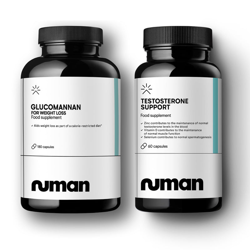 Numan Men’s Supplement Bundle | Glucomannan Konjac Fibre Capsules 1000mg + Testosterone Support with Zinc, Selenium & Vitamin D | Daily Nutritional Support for Men | 180 + 60 Capsules