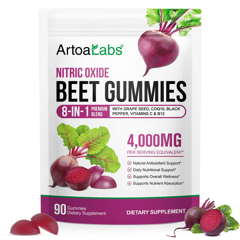 Beet Root Gummies,90 Heart Health Chews for Blood Pressure Support Supplements,Red Beets Supplements with Beetroot, Grape Seed, Coq10,B Vitamins,90 Beet Chews
