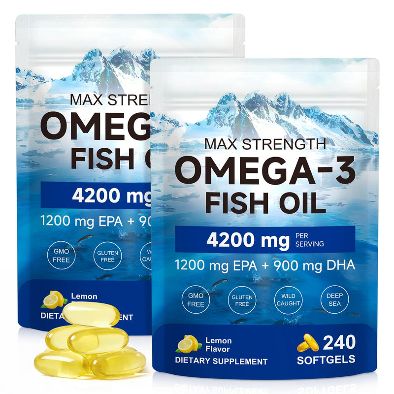 Omega 3 Fish Oil 4200mg - 1200mg EPA 900mg DHA per Serving - 240 Softgels, 80 Day Supply - Max Strength Triple Strength, Wild Caught, Burpless Lemon Flavor, Enteric Coated for Absorption
