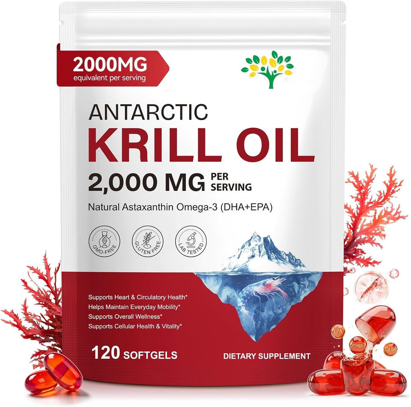 Antarctic Krill Oil 2000mg Softgels with Omega-3s EPA, DHA, Astaxanthin and Phospholipids Supplement 120 Softgels