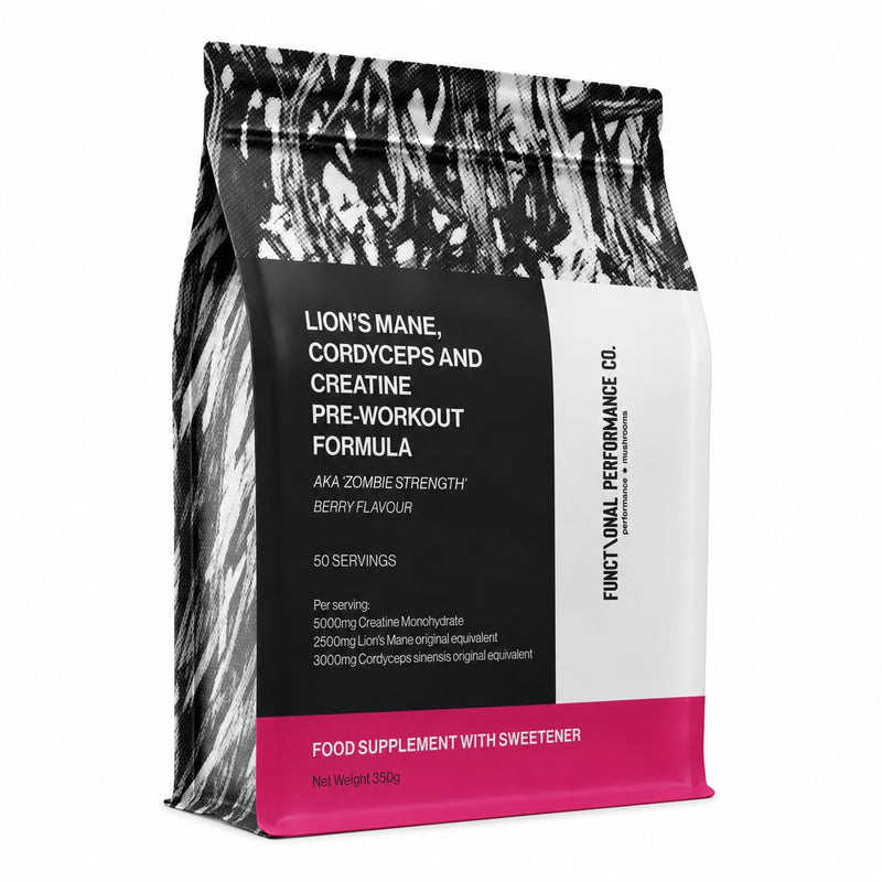 Creatine Monohydrate Powder with Lion's Mane & Cordyceps Mushroom Extracts, 5g Micronised Creatine Monohydrate Per Serving, Berry Flavour, 50 Servings