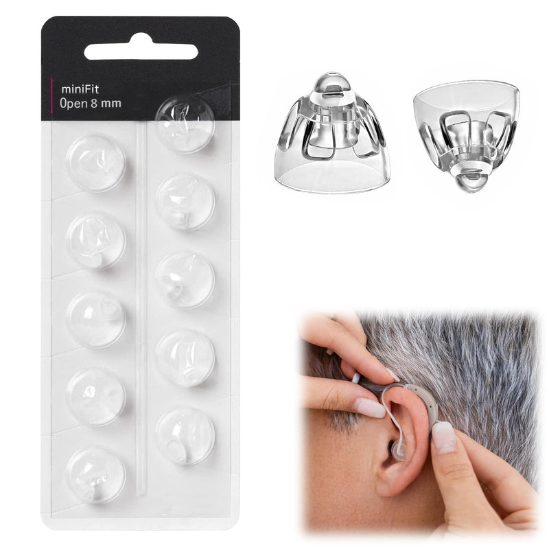 Hearing Aid Domes, Pack of 10, 8 mm Open Silicone Replacement Domes, Transparent, Compatible with Oticon Minifit Hearing Aids