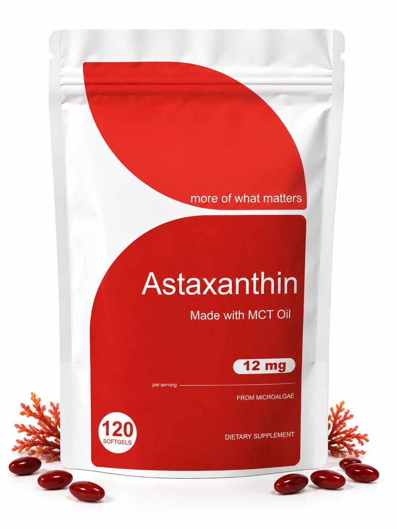 Astaxanthin 12mg Softgels with MCT Oil, 120 Softgels, Natural Astaxanthin from Microalgae, Non-GMO Formula, Daily Food Supplement for Adults, 120 Day Supply