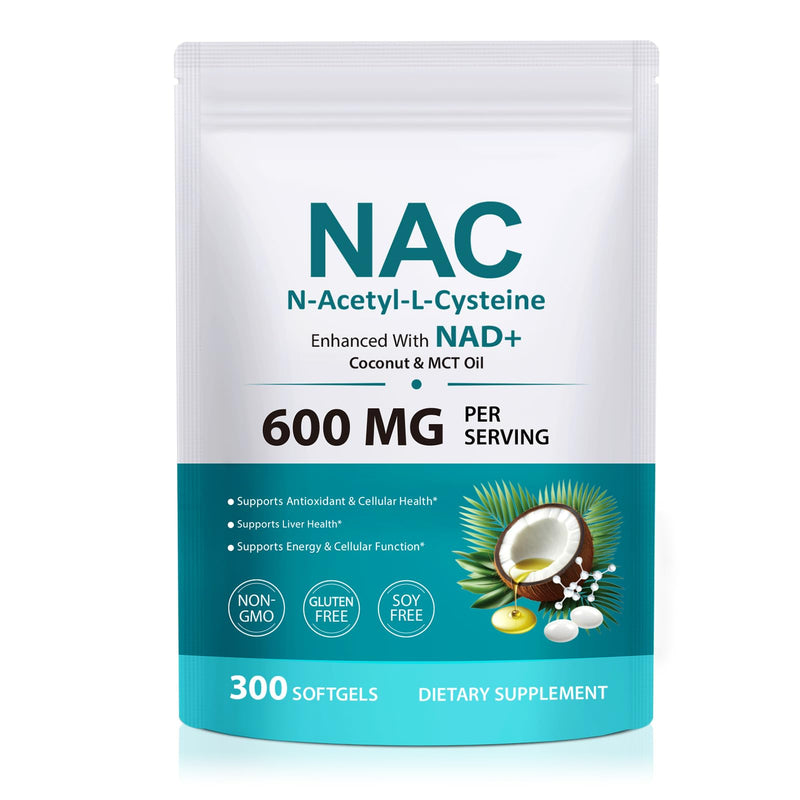 NAC N-Acetyl L-Cysteine 600mg Softgels with NAD+, Coconut & MCT Oil, High Strength NAC Supplement, 300 Softgels,100 Day Supply, Non-GMO & Gluten Free