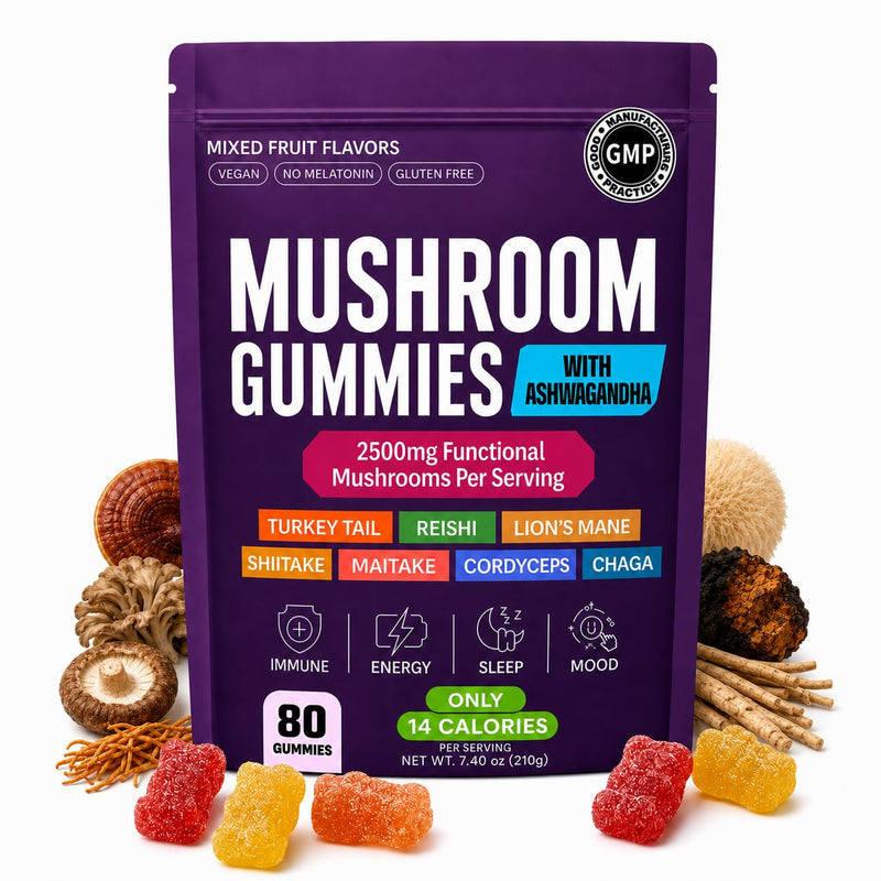 Mushroom Gummies with Lion’s Mane & Reishi – 80 Count 8-in-1 Functional Mushroom Complex 2500mg – Energy, Focus, Immunity Support – Vegan Mixed Fruit Gummies