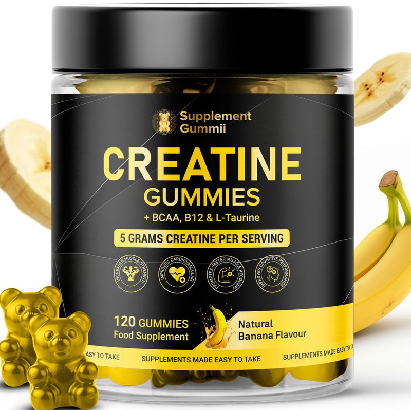 Creatine Monohydrate Gummies 5000mg with BCAA 500mg, Vitamin B12 200mcg & Taurine 500mg - 120 Vegan Gummies for Men & Women - Muscle Growth, Strength & Recovery - Banana