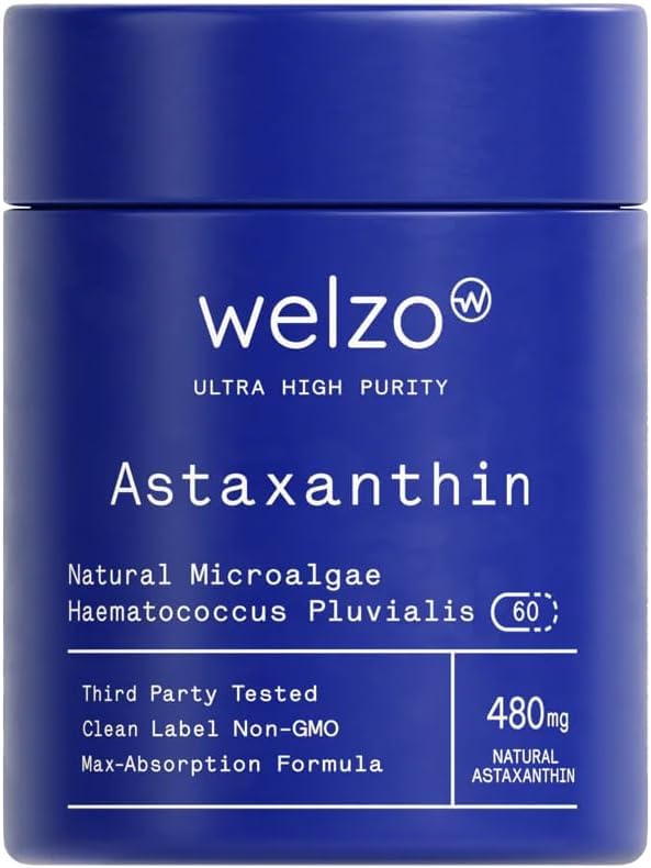Welzo Ultra High Purity Astaxanthin 480mg – Natural Microalgae Haematococcus Pluvialis – Powerful Antioxidant for Radiant Skin, Eye & Immune Support – 60 Capsules