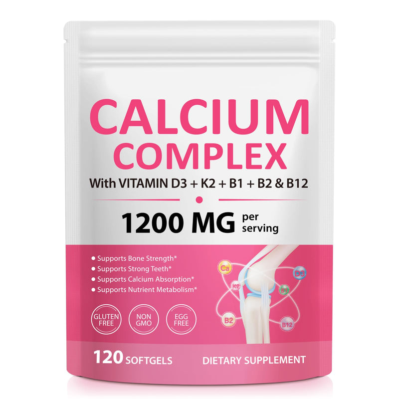 Calcium Complex Softgels 1200mg with Vitamin D3 & K2, Calcium Supplement with Vitamins B1 B2 B12, Collagen & Plant Blend, Daily Bone and Teeth Support, Easy to Swallow Softgels, 120 Soft Capsules