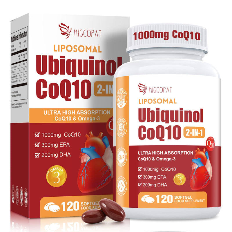 1000mg Liposomal CoQ10 Ubiquinol with Omega-3 120 Softgels, Advanced Coenzyme Q10 High Strength & Absorption, Naturally Fermented CoQ10 Supplement for Antioxidant, Heart & Energy Support