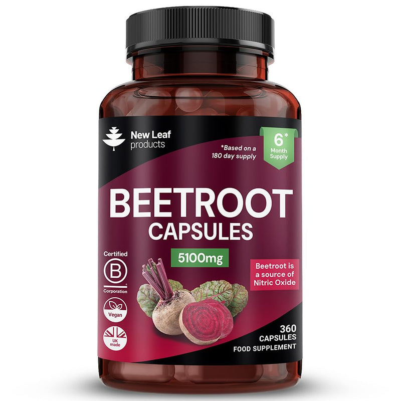 Beetroot Capsules 5100mg - High Strength Beetroot Supplement 360 Vegan Capsules - Nitric Oxide - Enriched with Black Pepper Made in The UK By New Leaf 360 count (Pack of 1)