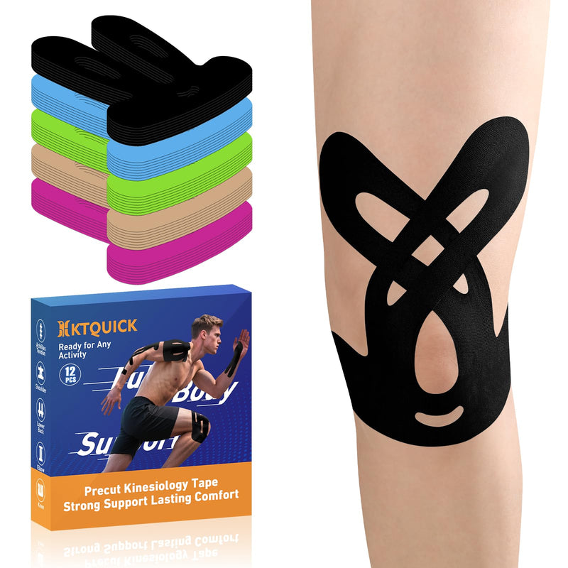Precut Kinesiology Tape for Knees, 12PCS Knee Tape for Knee Pain Relief&Stability, 20% Stronger Adhesive Athletic Sports Tape for Running, KTQUICK Waterproof Breathable Cotton, Latex-Free Knee(Black)