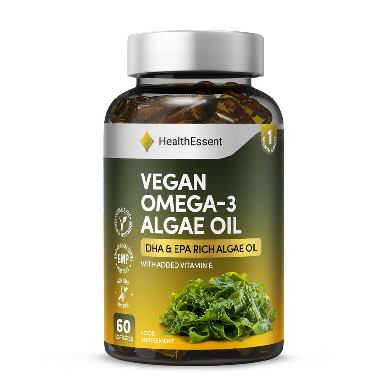HealthEssent Omega 3 Vegan Complex - Algae Oil Omega 3 with EPA DHA and Vitamin E, 1000mg Algae Based Fatty Acids Supplements for Heart, Brain and Joint Health, Non-GMO & Halal – 60 Softgels