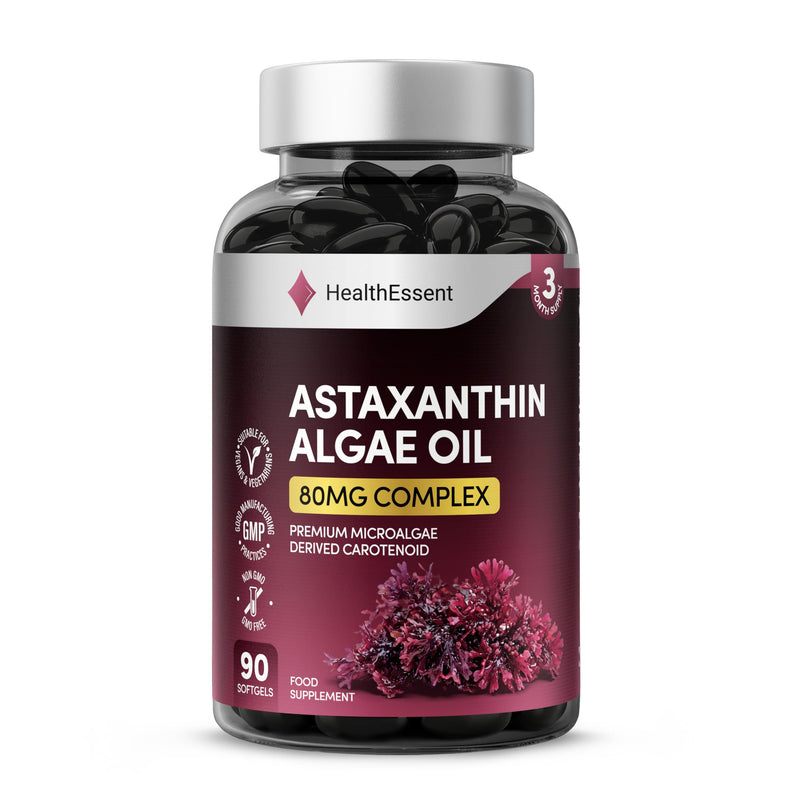 HealthEssent Astaxanthin High Strength Algae Oil 80mg Complex - Microalgae Carotenoid from Haematococcus Pluvialis - 90 Vegan Softgel Capsules - Antioxidant Supplements for Skin & Eyes, Non-GMO