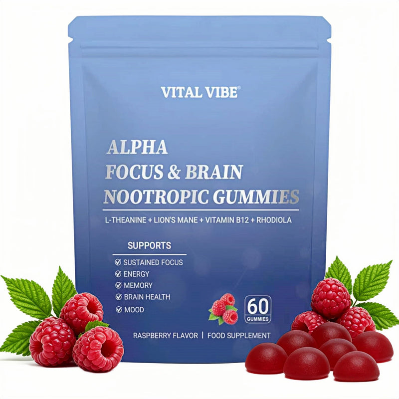 Alpha Focus & Brain Nootropic Gummies with L-Theanine, Lion's Mane (Fruiting Body), Vitamin B12 & Rhodiola, Support Energy, Memory & Mental Performance, Raspberry Flavour, 60 Gummies